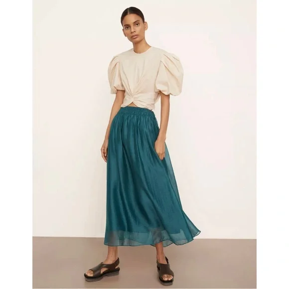 VINCE | $295 Smocked-Waist Gathered Skirt in Dark Blue Waltz, Size Small - Picture 11 of 11